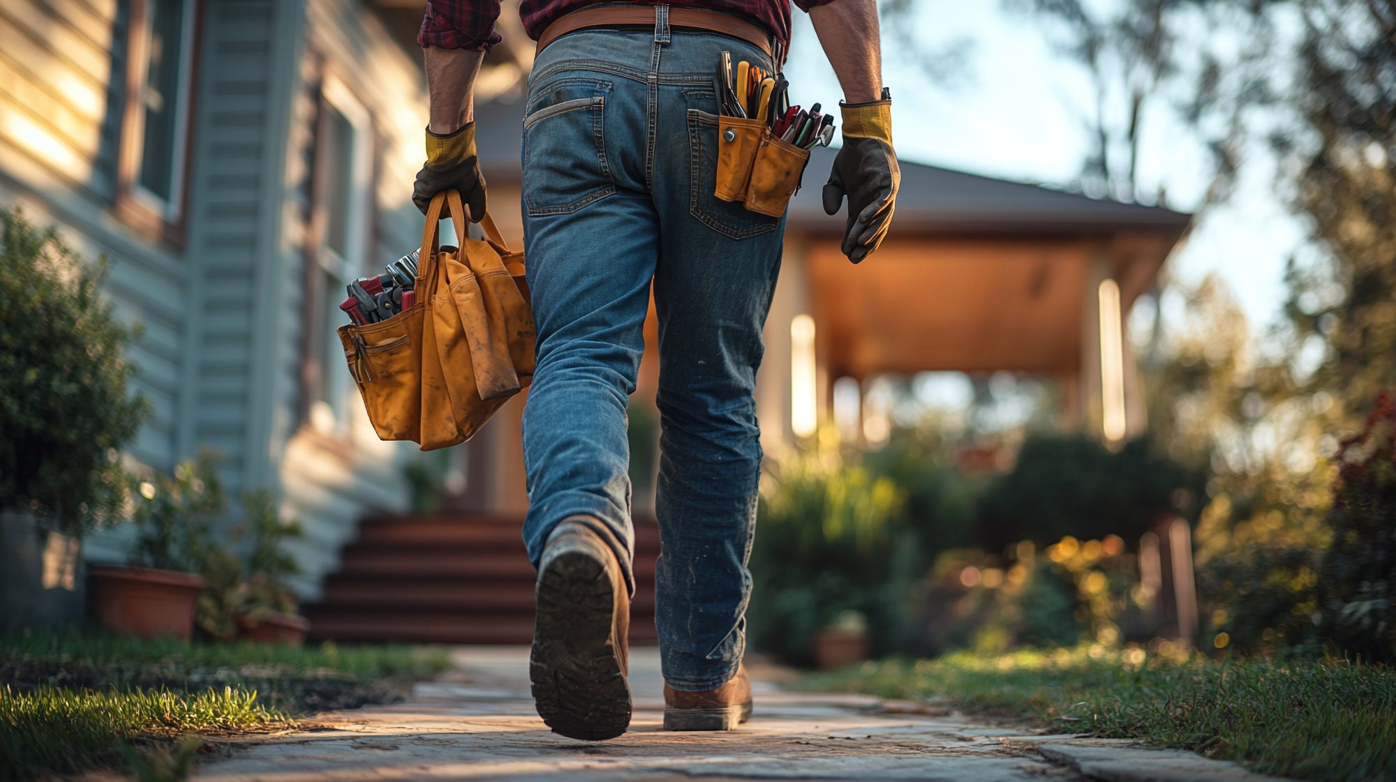 Construction worker carrying tool bag walking toward residential home